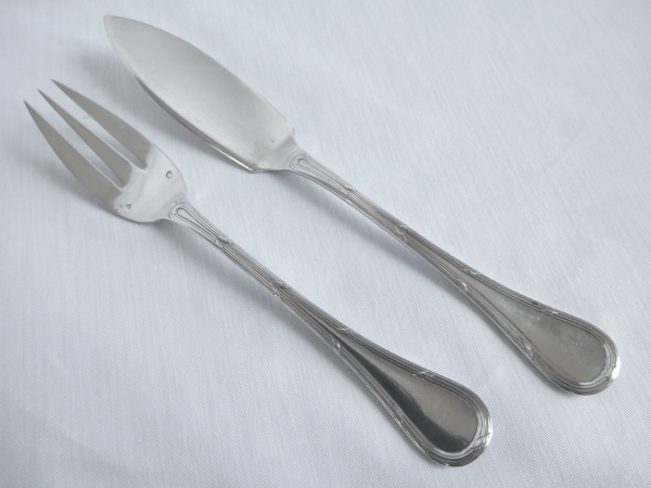 Puiforcat : sterling silver Louis XVI style fish flatware for 12 - 24 pieces - coat of arms