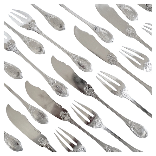 Louis XVI style sterling silver fish flatware for 12 : 24 pieces - silversmith Henin & Cie