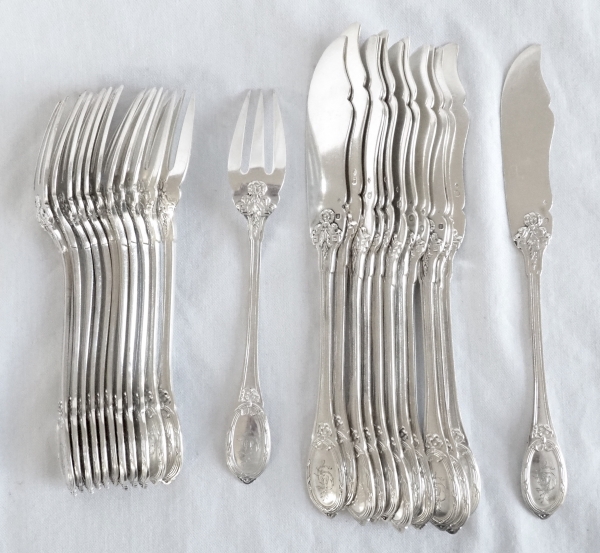 Louis XVI style sterling silver fish flatware for 12 : 24 pieces - silversmith Henin & Cie