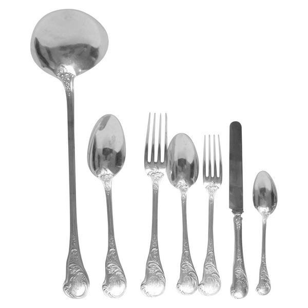 Antique French sterling silver flatware - 72pcs - Rococo style, Pierre Queille, circa 1840