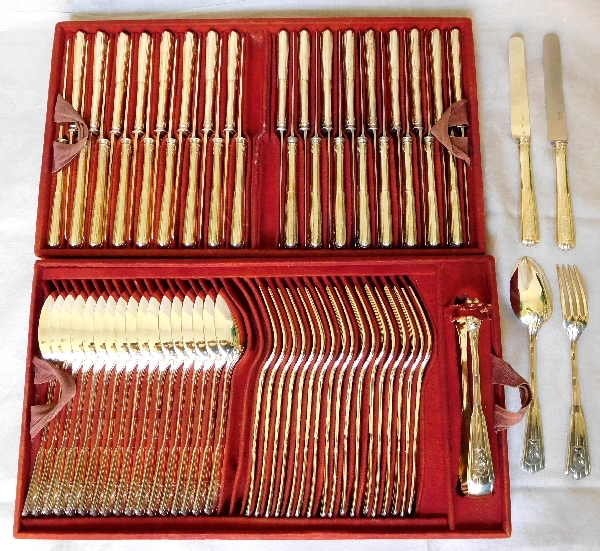 Odiot : antique French sterling silver / vermeil flatware, 110pcs, set for 18 guests