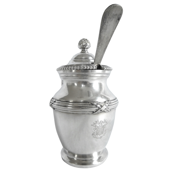 Louis XVI style sterling silver mustard pot, coat of arms engraved