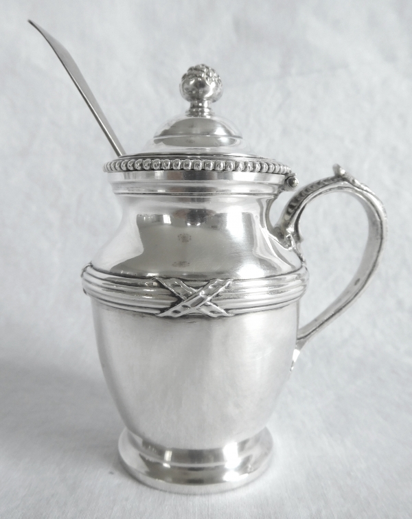 Louis XVI style sterling silver mustard pot, coat of arms engraved