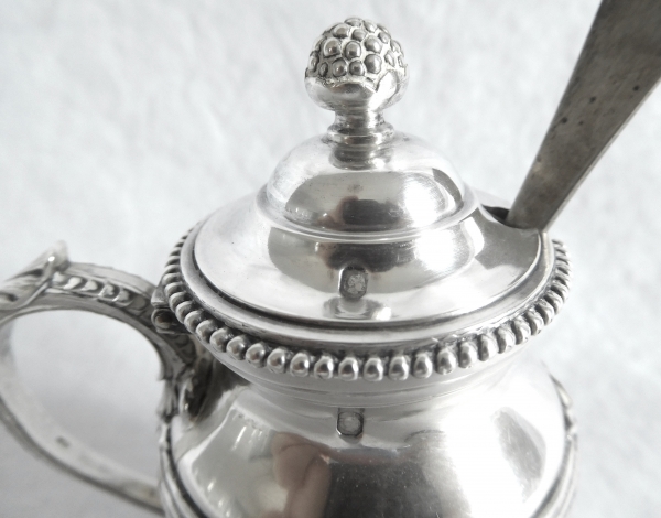 Louis XVI style sterling silver mustard pot, coat of arms engraved