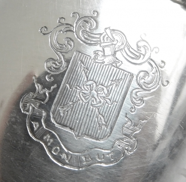 Louis XVI style sterling silver mustard pot, coat of arms engraved