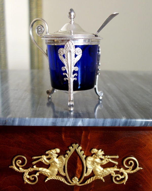 Moutardier Empire en argent massif et cristal bleu - poinçon 2e Coq