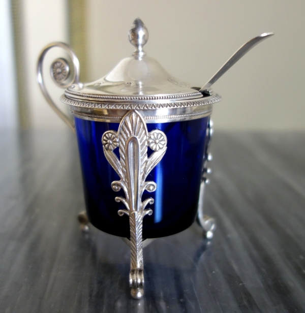 Moutardier Empire en argent massif et cristal bleu - poinçon 2e Coq