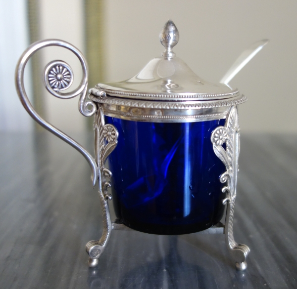 Moutardier Empire en argent massif et cristal bleu - poinçon 2e Coq