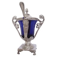 Moutardier de style Empire en argent massif, verrine bleu cobalt, époque Restauration