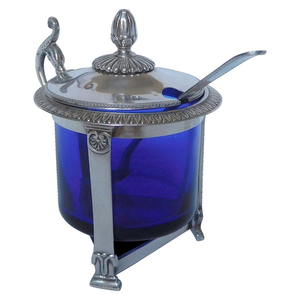 Moutardier en argent massif de style Empire, verrine bleu cobalt, époque Restauration