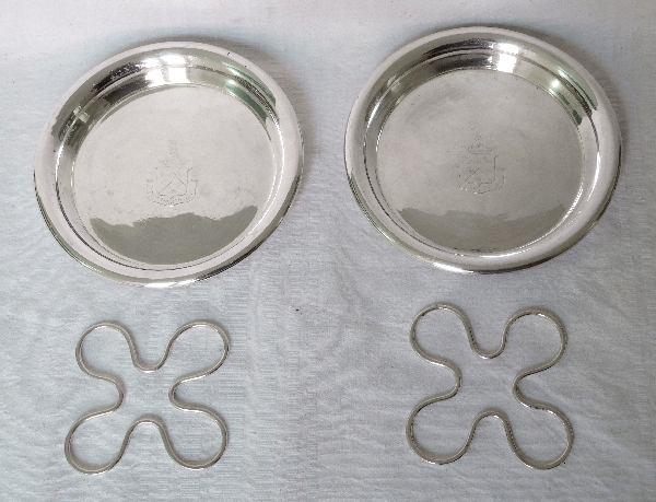 Pair of Christofle silver plate coasters, coat of arms, crown of duke, Exshaw family