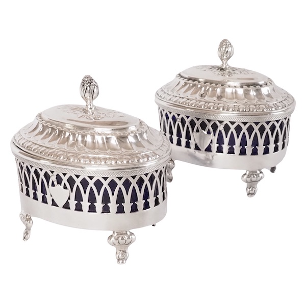 Pair of Louis XVI style sterling silver salt cellars, late 18th century circa 1798