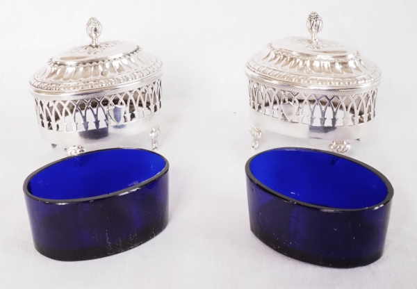 Pair of Louis XVI style sterling silver salt cellars, late 18th century circa 1798