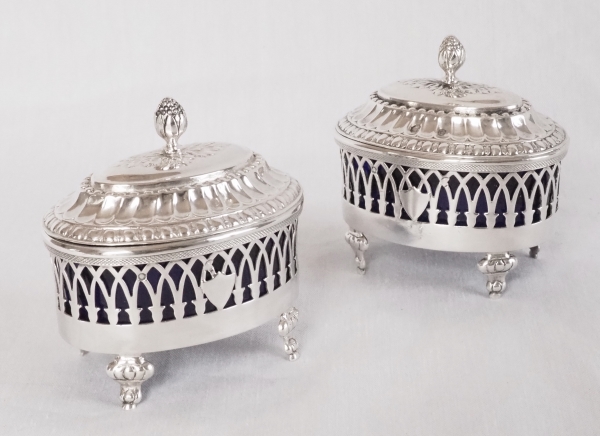 Pair of Louis XVI style sterling silver salt cellars, late 18th century circa 1798