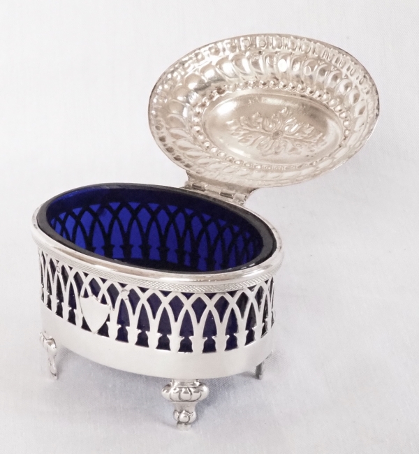 Pair of Louis XVI style sterling silver salt cellars, late 18th century circa 1798