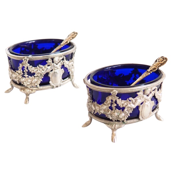Pair of Louis XVI style sterling silver and Baccarat crystal salt cellars, late 19th century