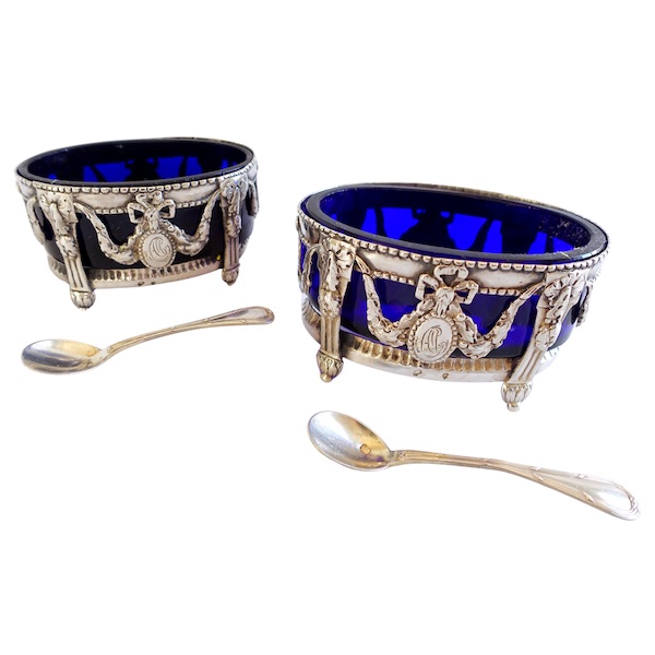 Pair of Louis XVI sterling silver and crystal salt cellars, 18th century