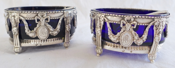 Pair of Louis XVI sterling silver and crystal salt cellars, 18th century