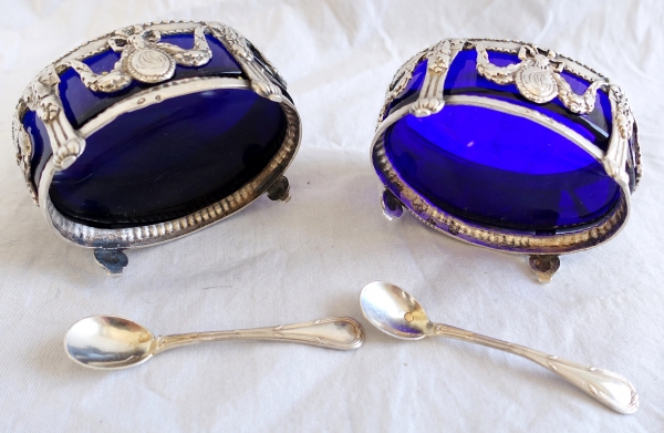 Pair of Louis XVI sterling silver and crystal salt cellars, 18th century