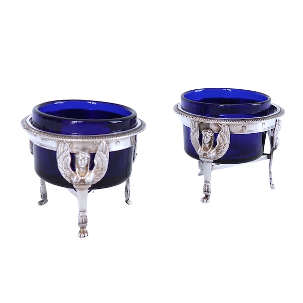 Pair of Empire sterling silver and crystal salt cellars, early 19th century