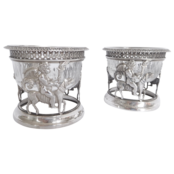 Pair of sterling silver salt cellars, cut crystal glasses, early 19th century production