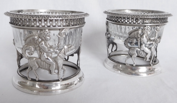 Pair of sterling silver salt cellars, cut crystal glasses, early 19th century production