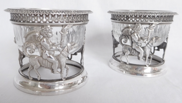 Pair of sterling silver salt cellars, cut crystal glasses, early 19th century production