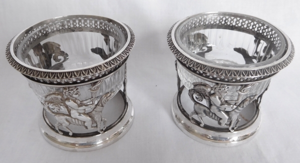 Pair of sterling silver salt cellars, cut crystal glasses, early 19th century production