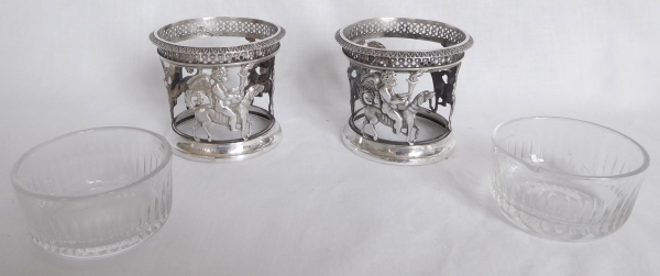 Pair of sterling silver salt cellars, cut crystal glasses, early 19th century production