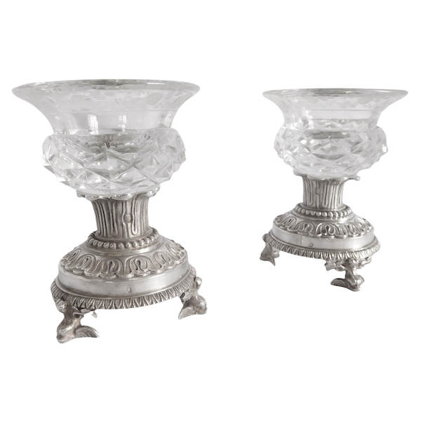 Pair of sterling silver salt cellars, cut crystal glasses, early 19th century production