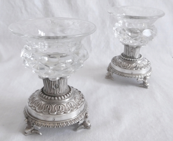 Pair of sterling silver salt cellars, cut crystal glasses, early 19th century production