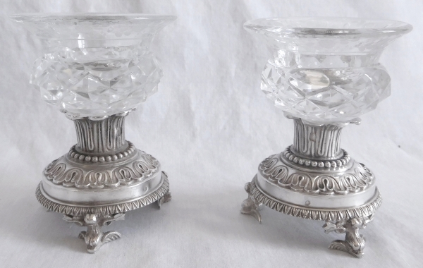 Pair of sterling silver salt cellars, cut crystal glasses, early 19th century production