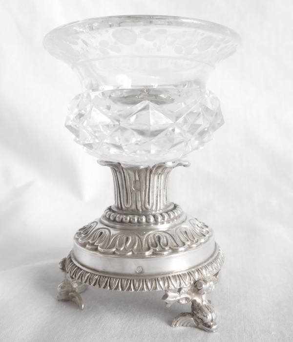 Pair of sterling silver salt cellars, cut crystal glasses, early 19th century production