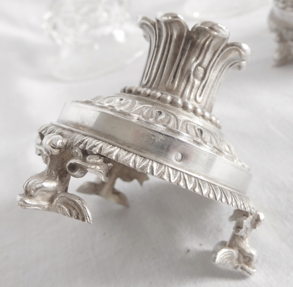 Pair of sterling silver salt cellars, cut crystal glasses, early 19th century production