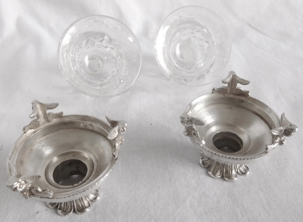 Pair of sterling silver salt cellars, cut crystal glasses, early 19th century production