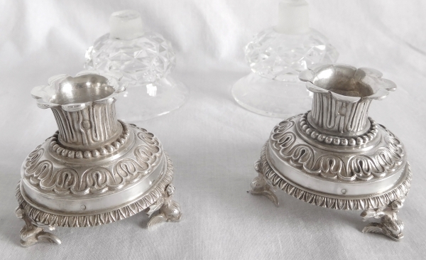 Pair of sterling silver salt cellars, cut crystal glasses, early 19th century production