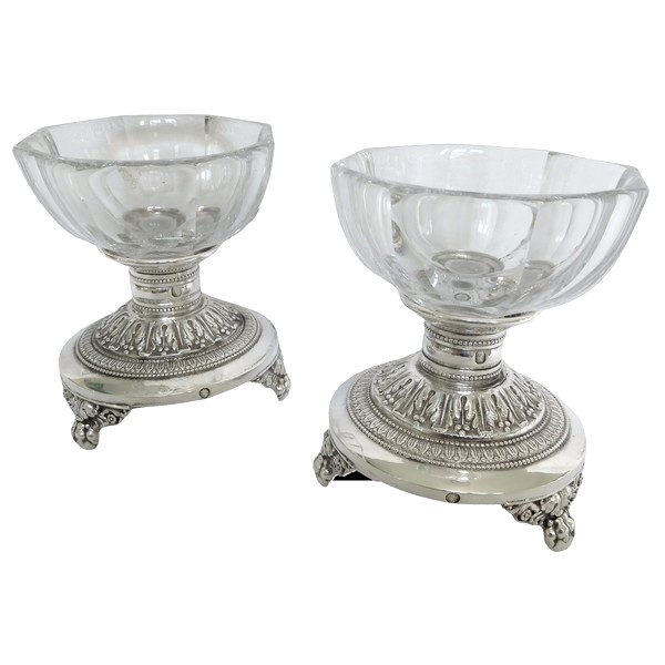 Pair of Empire sterling silver and crystal salt cellar, early 19th century