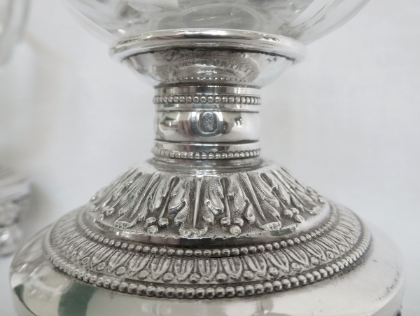 Pair of Empire sterling silver and crystal salt cellar, early 19th century