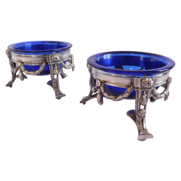 Pair of 18th century sterling silver salt cellars, blue glasses, Louis XVI production, Paris 1776