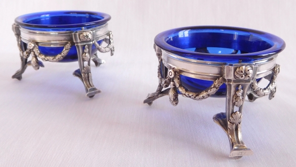 Pair of 18th century sterling silver salt cellars, blue glasses, Louis XVI production, Paris 1776