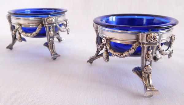 Pair of 18th century sterling silver salt cellars, blue glasses, Louis XVI production, Paris 1776