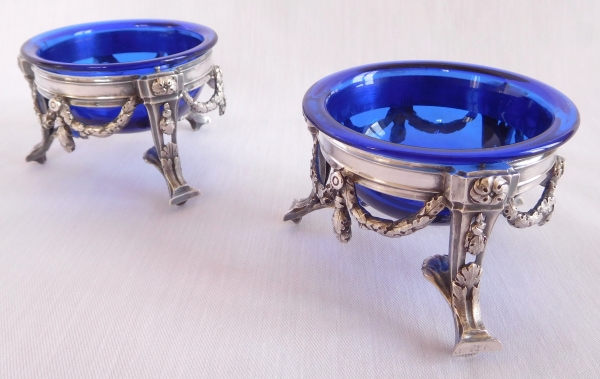 Pair of 18th century sterling silver salt cellars, blue glasses, Louis XVI production, Paris 1776