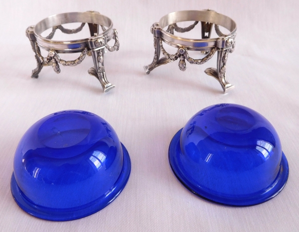 Pair of 18th century sterling silver salt cellars, blue glasses, Louis XVI production, Paris 1776