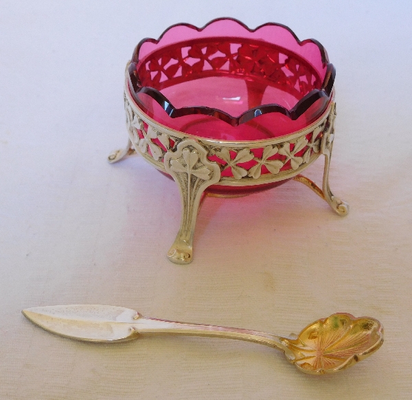 Pair of Art Nouveau sterling silver, vermeil, crystal salt cellar, silversmith Alphonse Debain