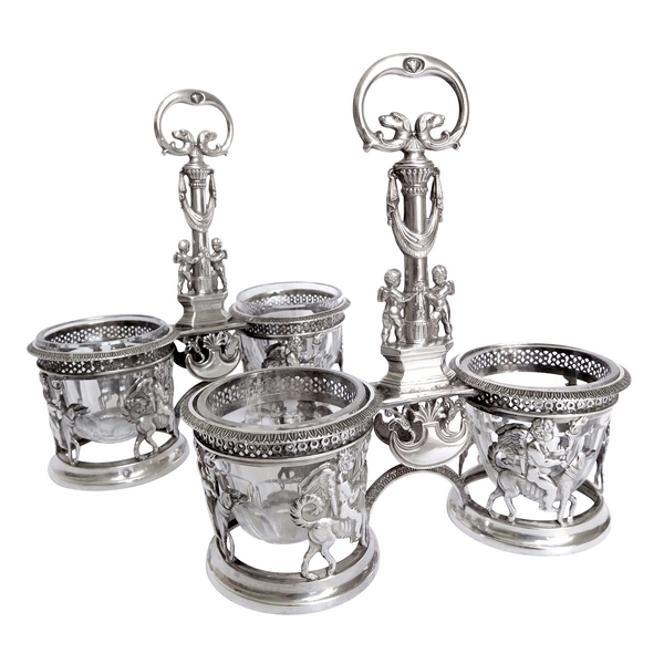 Pair of Empire sterling silver double salt cellars, allegory of Faithful Love, early 19th century