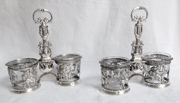 Pair of Empire sterling silver double salt cellars, allegory of Faithful Love, early 19th century