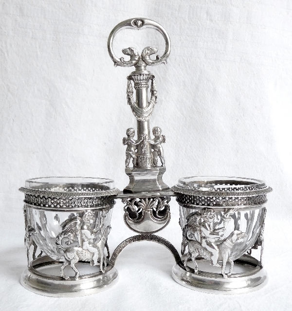 Pair of Empire sterling silver double salt cellars, allegory of Faithful Love, early 19th century