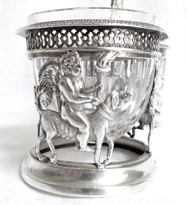 Pair of Empire sterling silver double salt cellars, allegory of Faithful Love, early 19th century