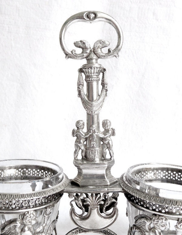 Pair of Empire sterling silver double salt cellars, allegory of Faithful Love, early 19th century