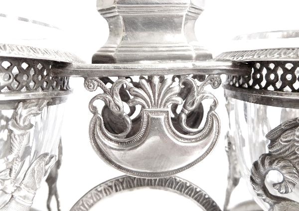 Pair of Empire sterling silver double salt cellars, allegory of Faithful Love, early 19th century